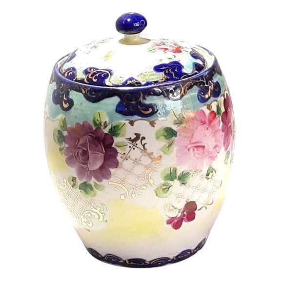 Vintage Hand-Painted Porcelain Floral Biscuit Jar with Lid Cobalt Blue Roses - Picture 3 of 8